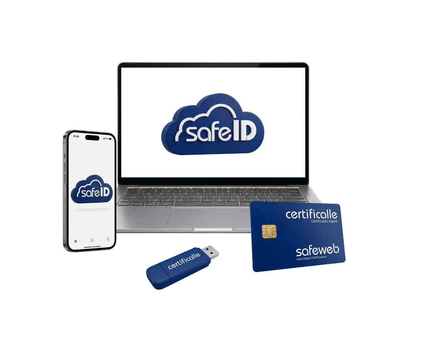 Imagem de dispositivos digitais como smartphone, laptop, pen drive e cartão de assinatura safewweb, todos exibindo o logo do SafeID, sistema de autenticação digital